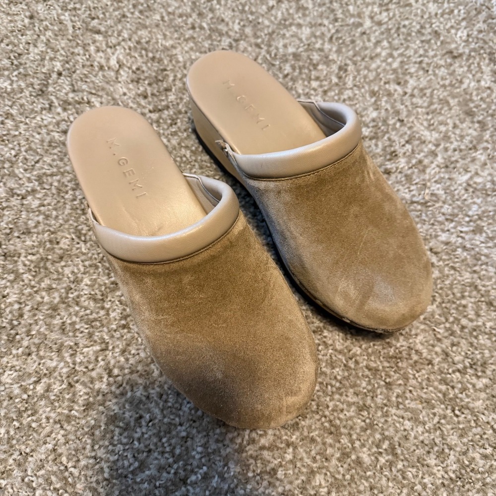 M.Gemi The Greta Suede Platform Clogs Taupe Wood Studded Italy EU 38 artisan